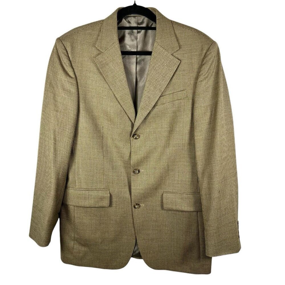 Oscar De La Renta Men’s‎ Blazer 40L Tan Houndstooth 100% Wool Sport Coat Jacket